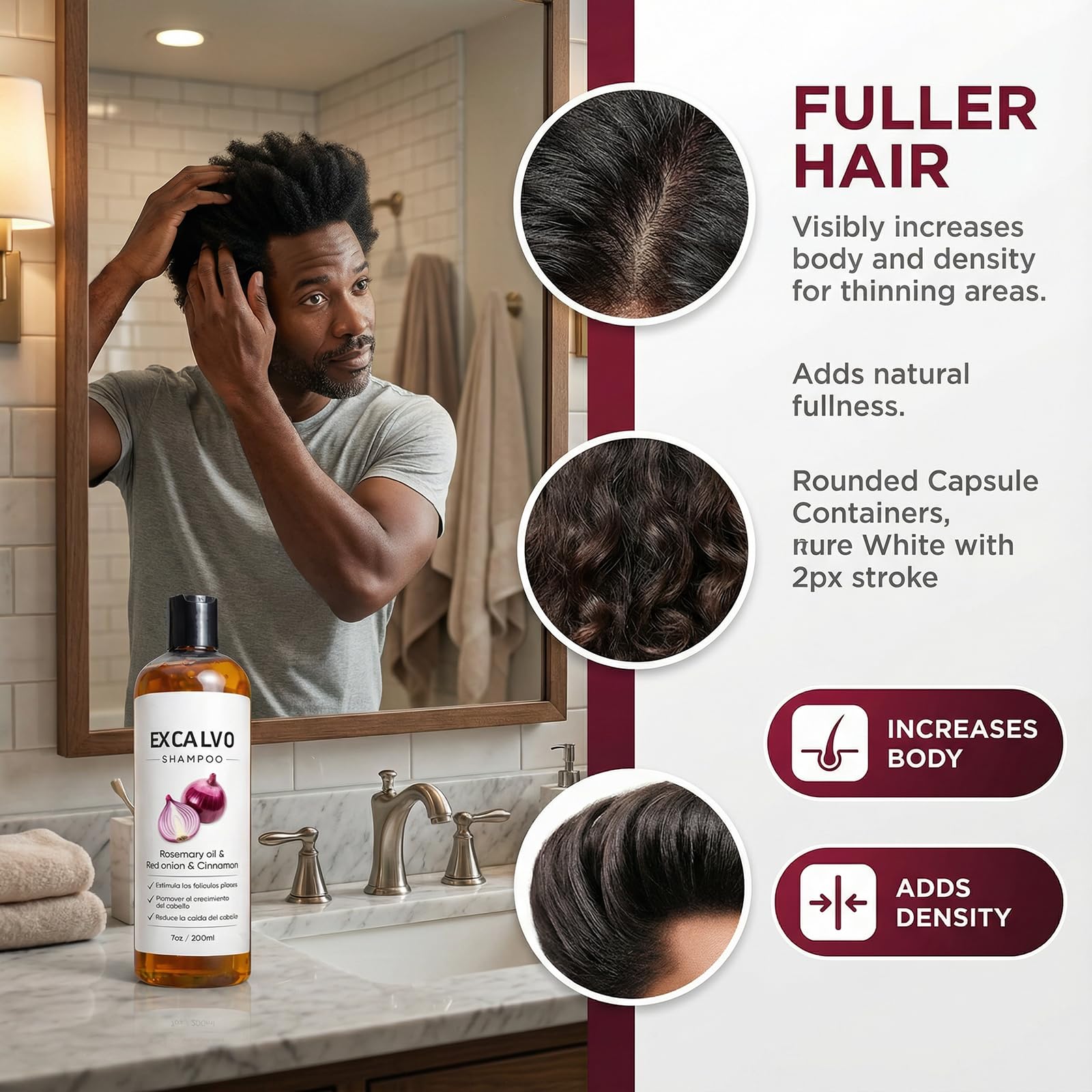 EXCALVO Shampoo Cebolla, etiqueta y tamaño 200ml para uso diario.