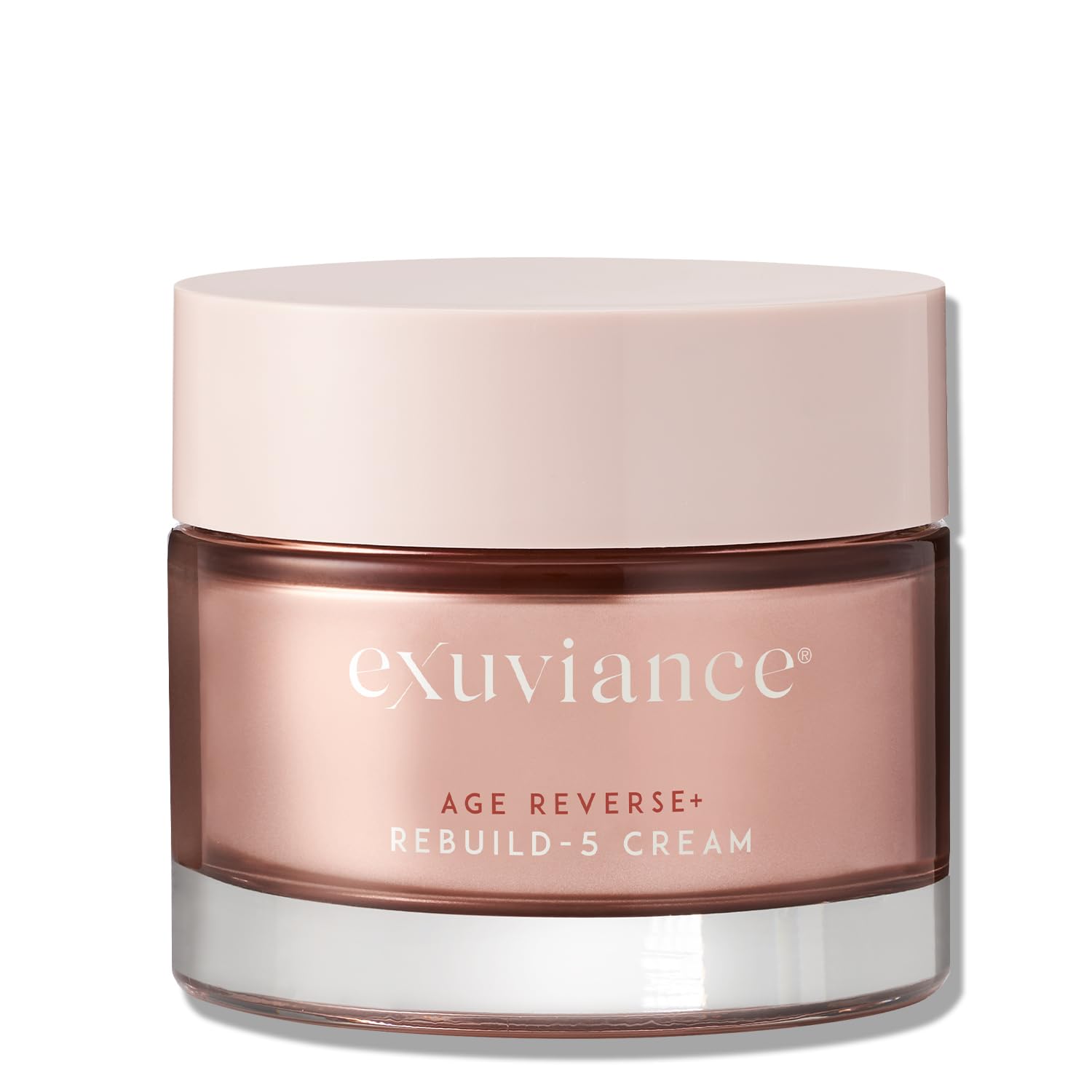 EXUVIANCE AGE REVERSE + Rebuild-5 crema antienvejecimiento en frasco, hidratación suave sin grasa.