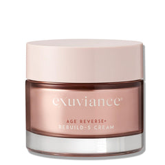 EXUVIANCE AGE REVERSE + Rebuild-5 crema antienvejecimiento en frasco, hidratación suave sin grasa.