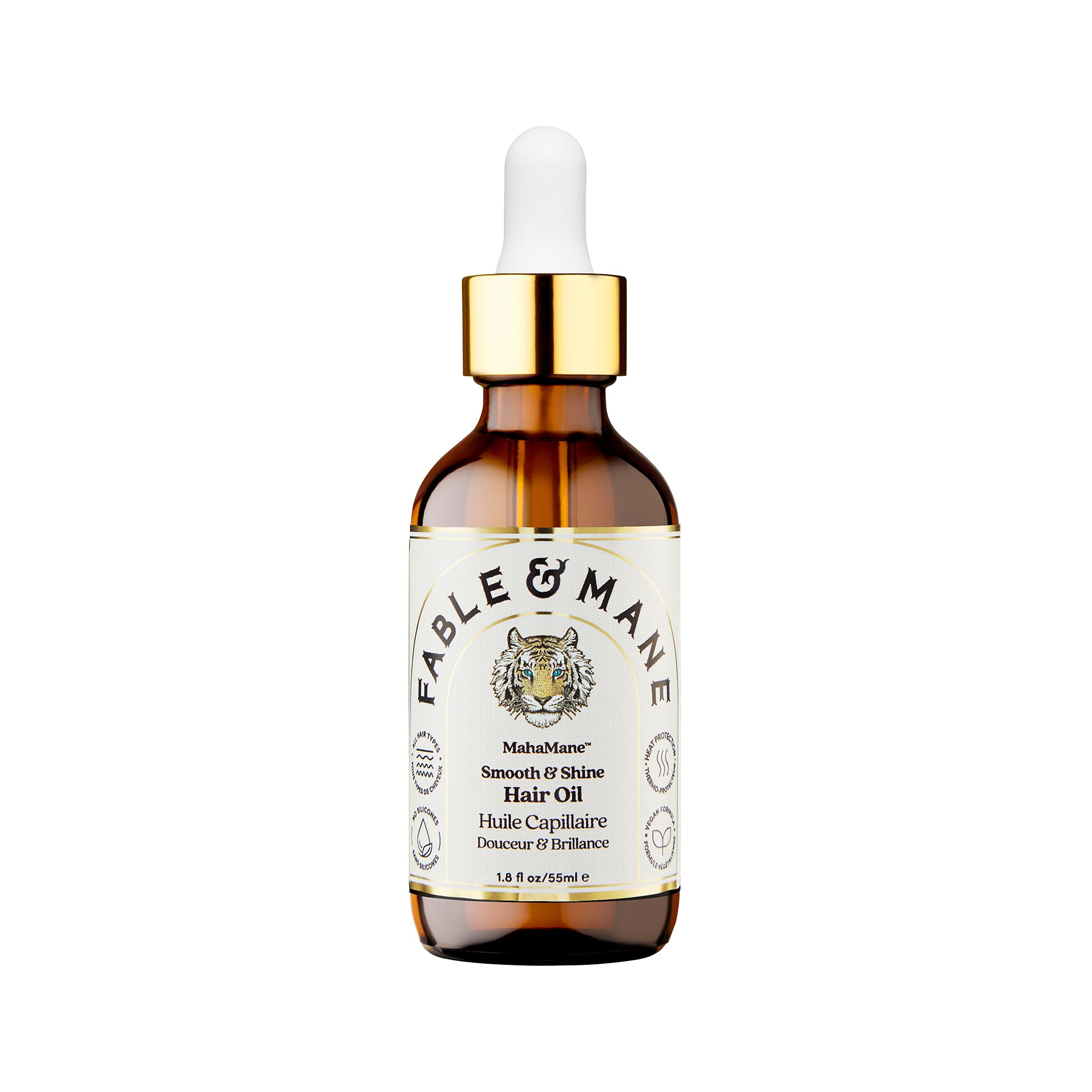 Sérum MahaMane de Fable & Mane, botella lista para aplicar y suavizar el cabello.