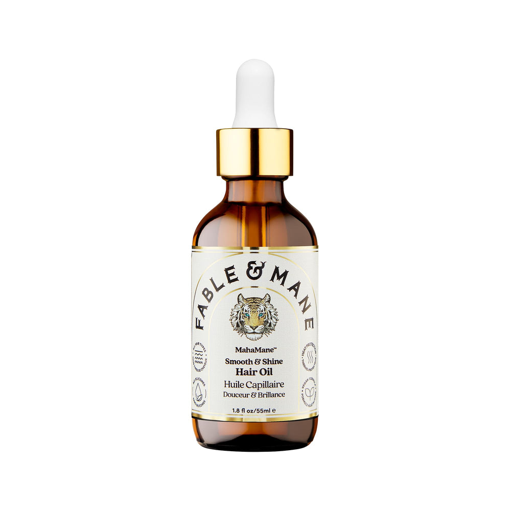 Sérum MahaMane de Fable & Mane, botella lista para aplicar y suavizar el cabello.