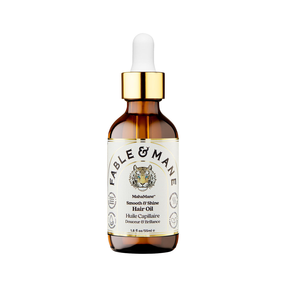 Sérum MahaMane de Fable & Mane, botella lista para aplicar y suavizar el cabello.