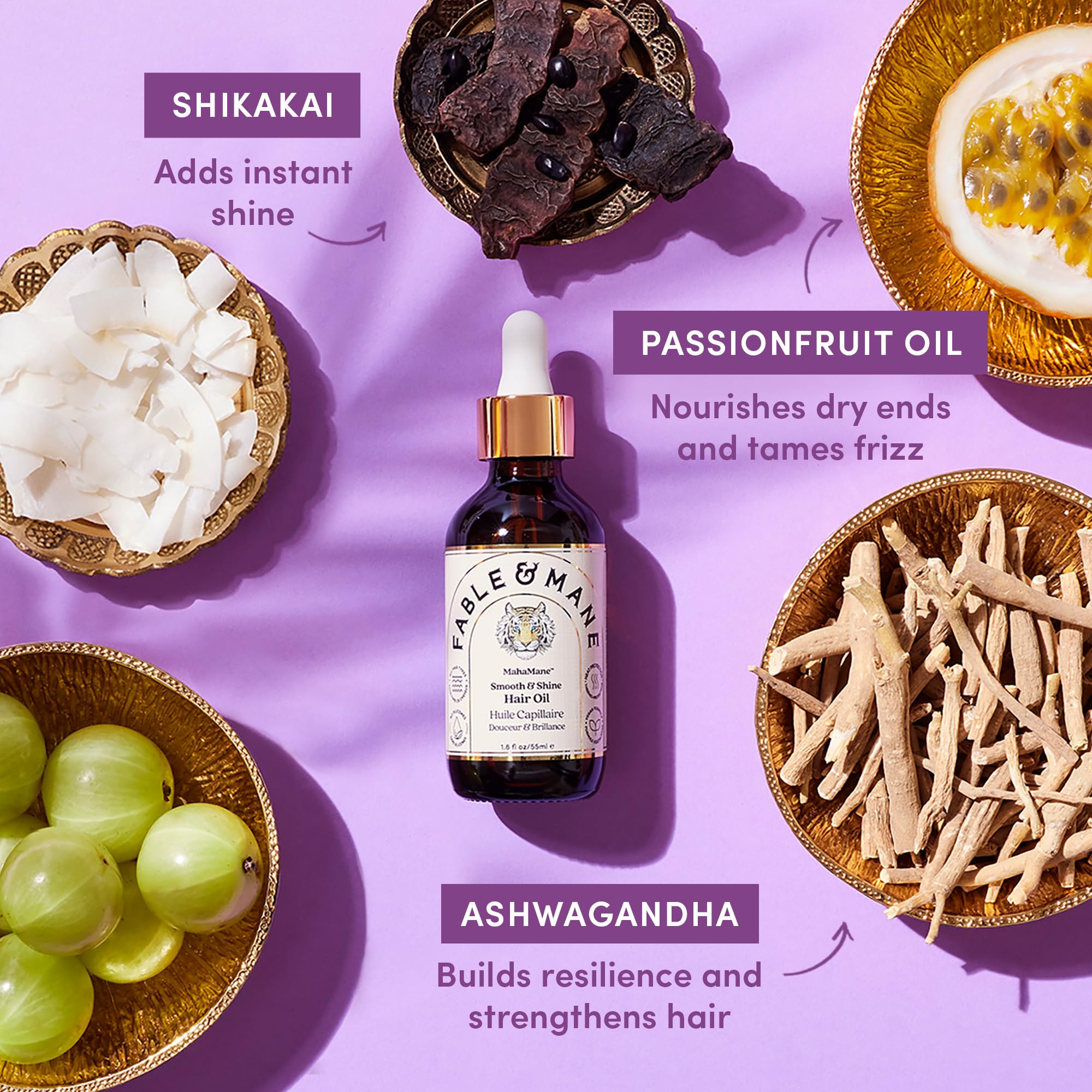 Sérum MahaMane de aceites frutales, nutrición para puntas secas y cabello; uso diario.