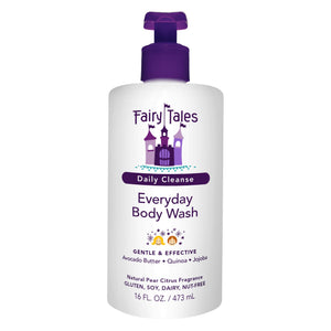 Fairy Tales gel de baño para niños, botella frontal, limpieza suave para piel sensible.