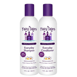 Fairy Tales Daily Cleanse champú infantil, botella visible, cabello suave y sin enredos.
