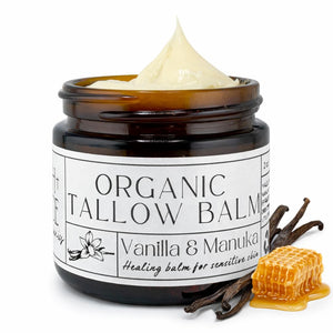 Faith and Grace Organics bálsamo de sebo de res, frasco frontal, hidratación suave para piel seca