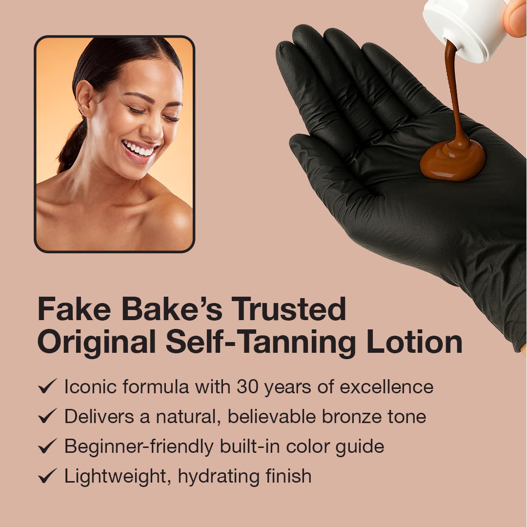 Guantes incluidos para una aplicación suave y uniforme con Fake Bake Loción Autobronceadora Original.