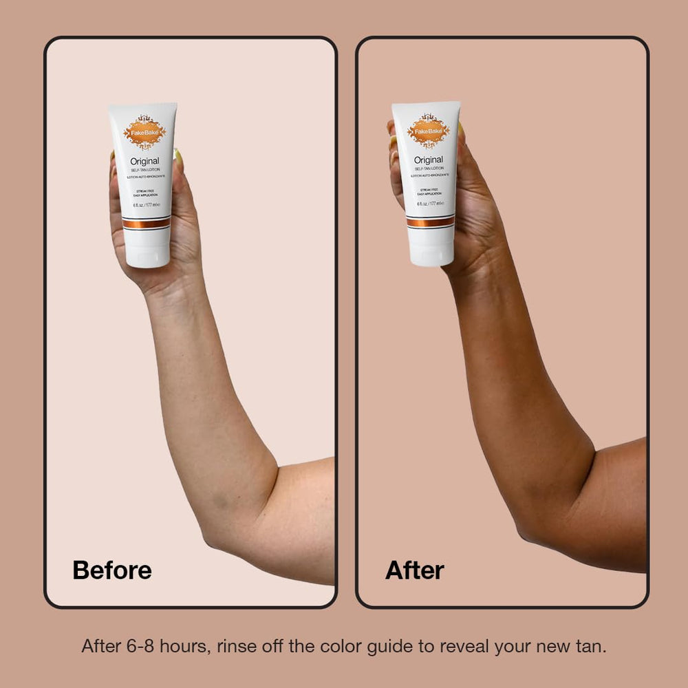 Broncé natural sin tonalidad naranja con Fake Bake Loción Autobronceadora Original.