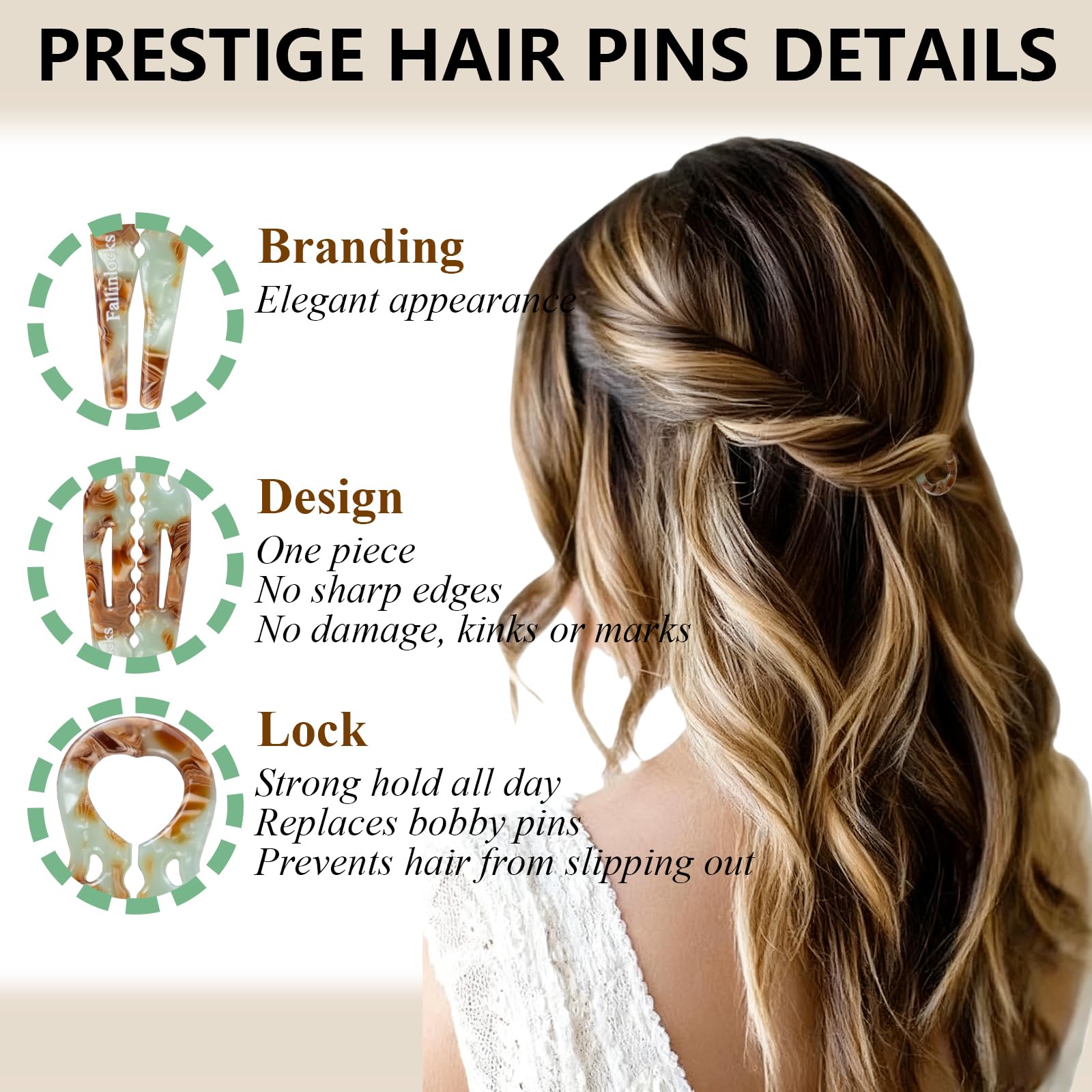 Fallinlocks pin bordes suaves protege el pelo y evita tirones.