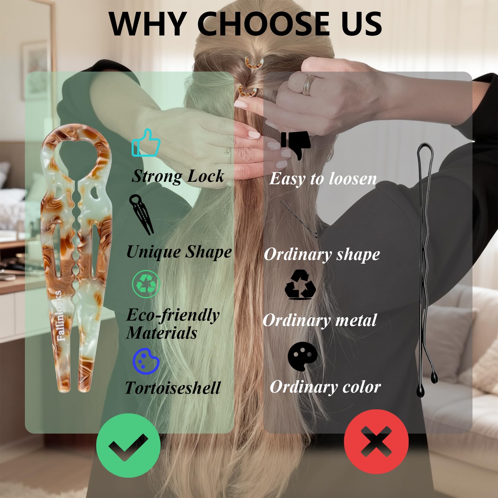Fallinlocks pin estilos versátiles para recogidos y moños.