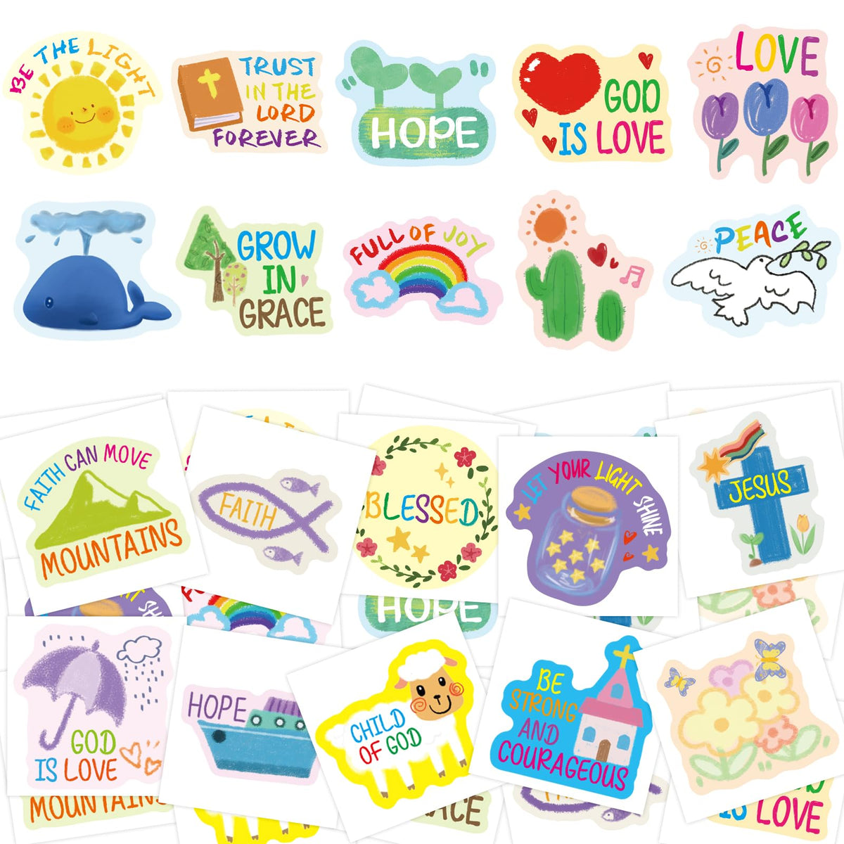 Fancy Land tatuajes temporales cristianos para niños en 7 hojas, ideales para clase dominical.