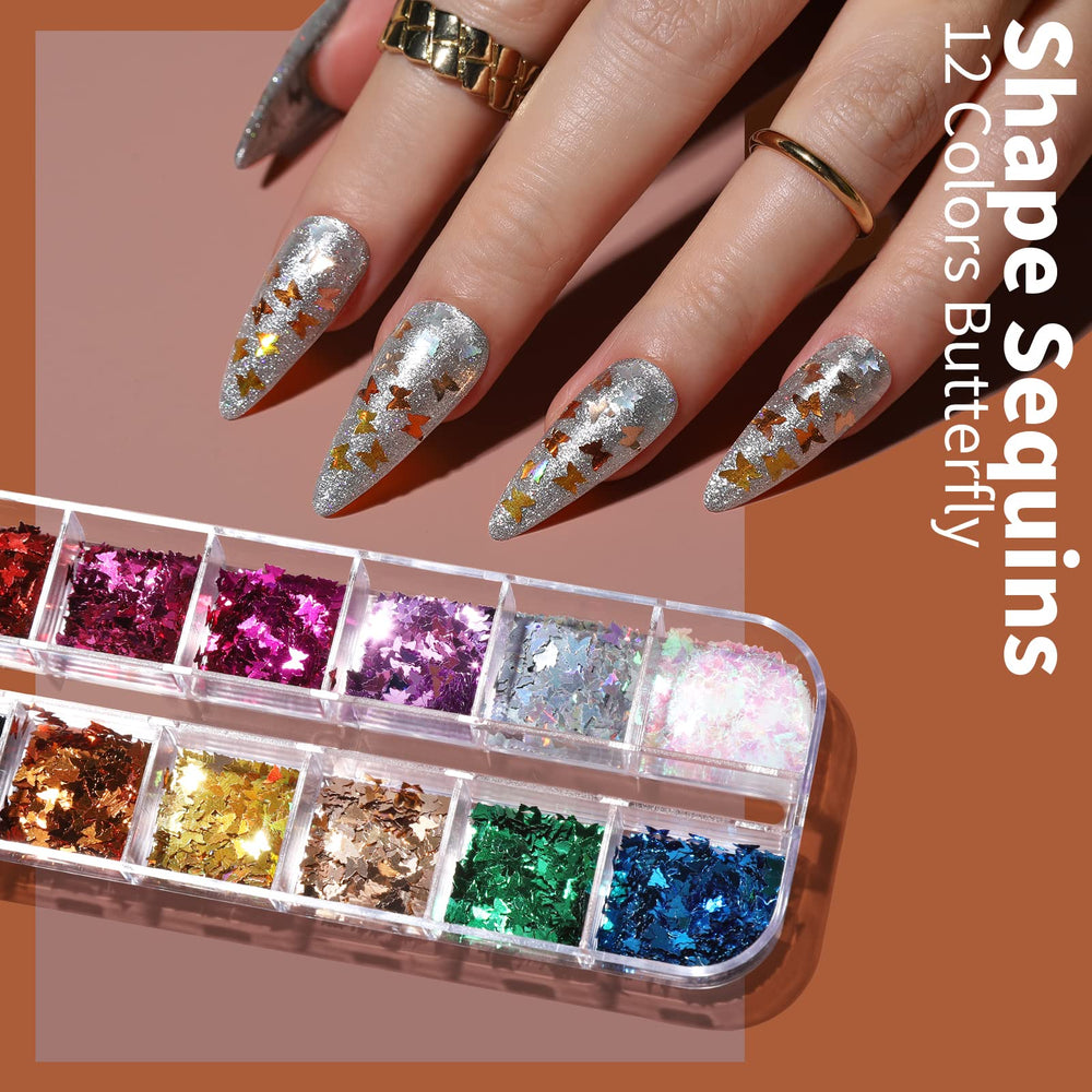 Adhesivos para uñas Fandamei con mariposas, aplicación suave y duradera.