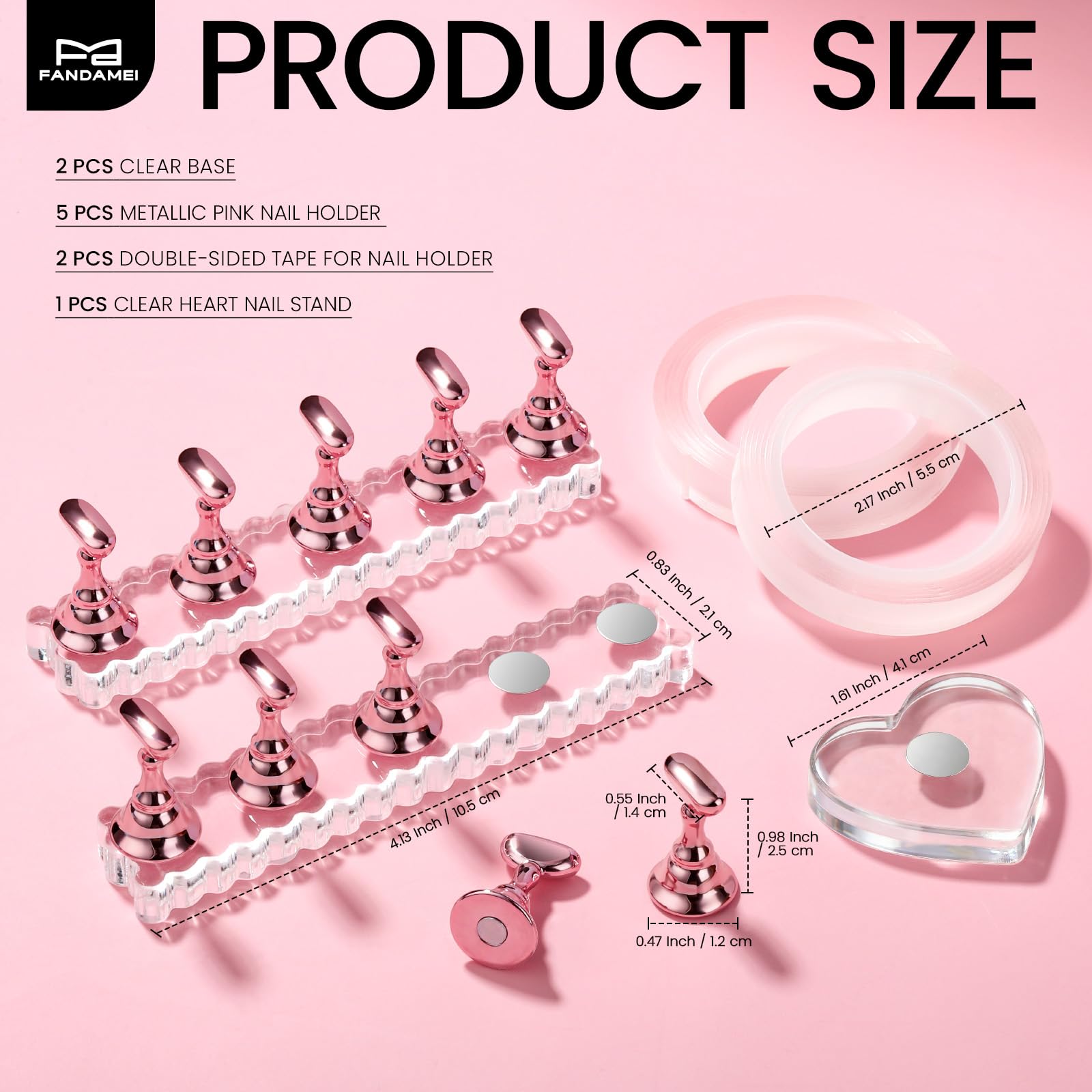 Fandamei: diez soportes rosas metalizados para practicar uñas con acabado brillante.