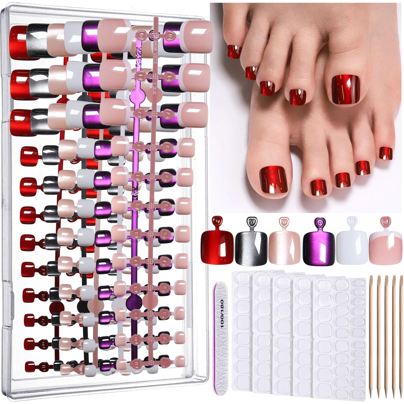 Uñas postizas FANDAMEI en 6 colores para dedos de pie, manicura rápida y duradera.