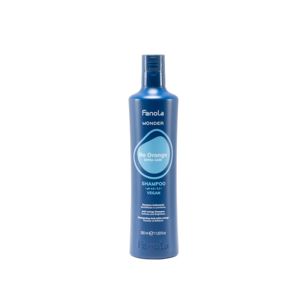Fanola Wonder Champú Azul, botella, neutraliza tonos naranjas y protege el color.