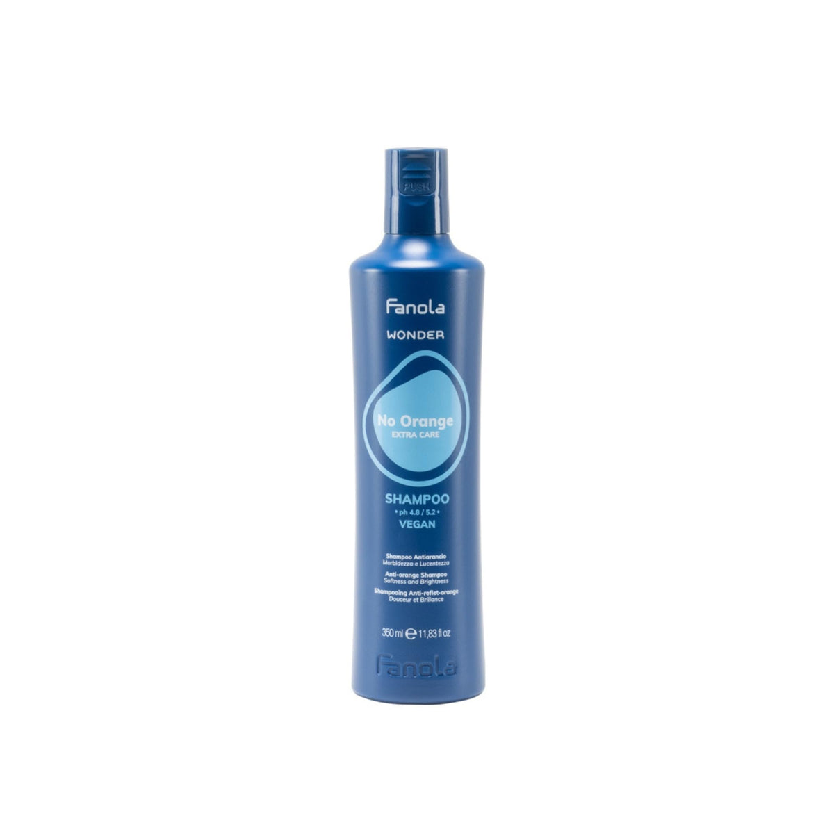 Fanola Wonder Champú Azul, botella, neutraliza tonos naranjas y protege el color.