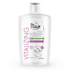 FARMASi Dr. C. Tuna Champú, botella con enfoque en ajo, ayuda a revitalizar el cabello.