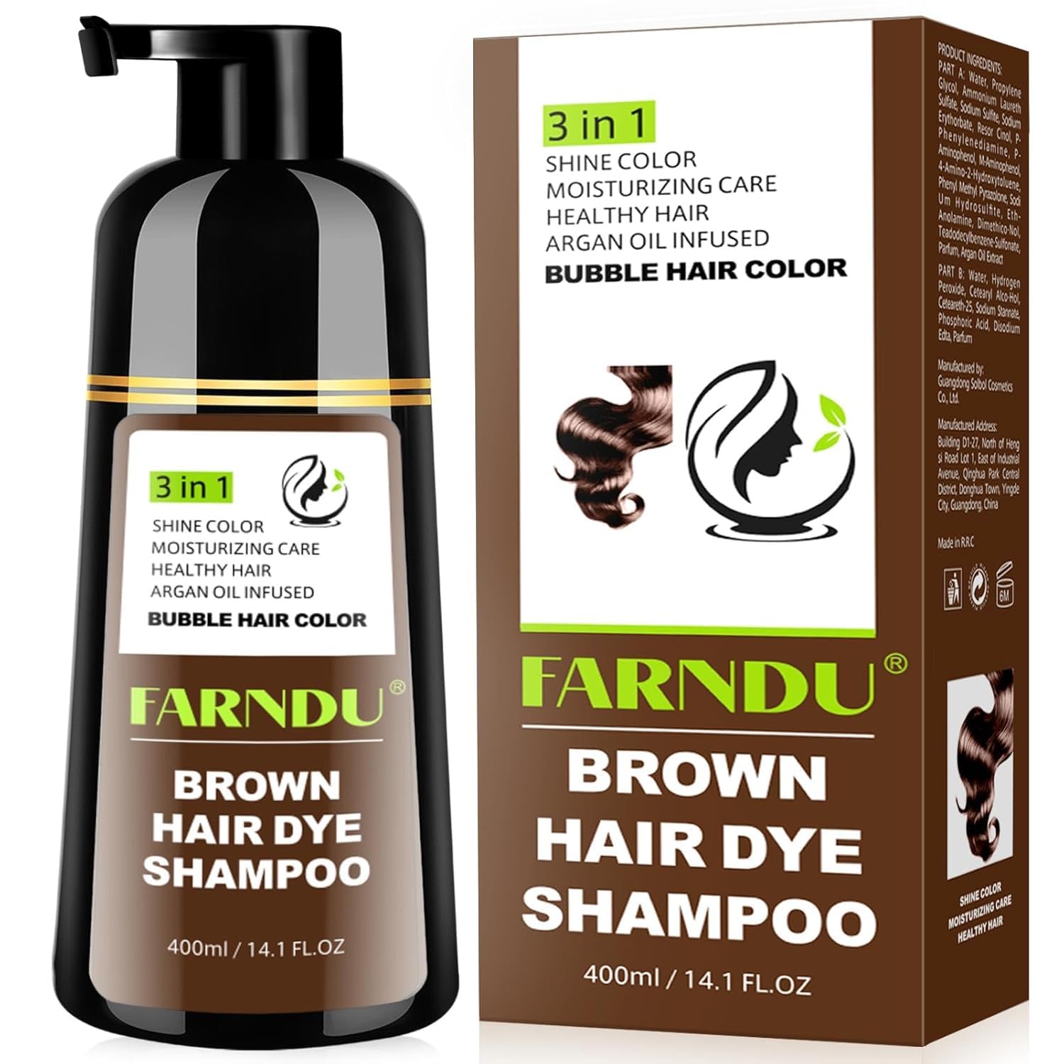 Farndu champú tintado marrón, aplicación rápida sin cepillo para cabello suave