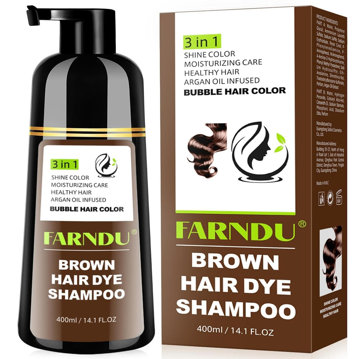 Farndu champú tintado marrón, aplicación rápida sin cepillo para cabello suave