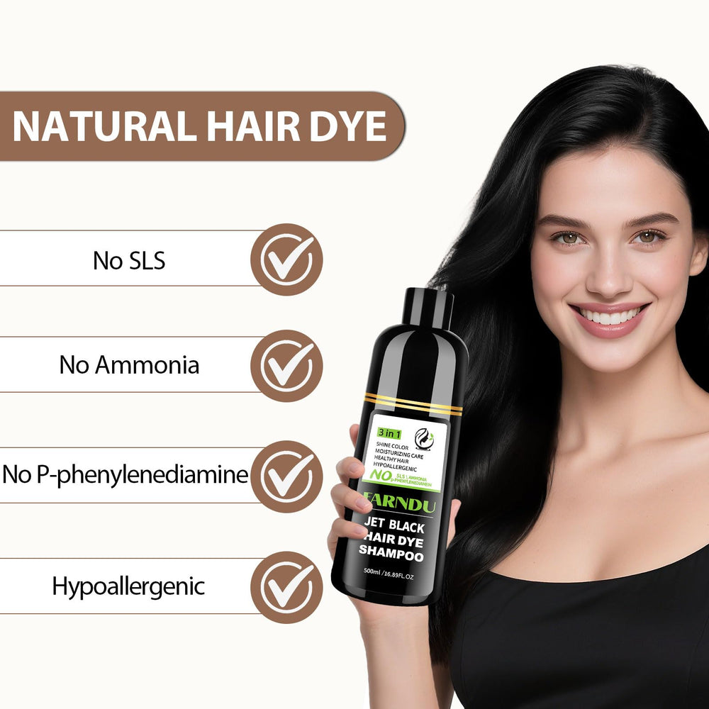 Farndu Jet Black Champú Tinte: aplicación rápida y sin amoníaco para cabello oscuro