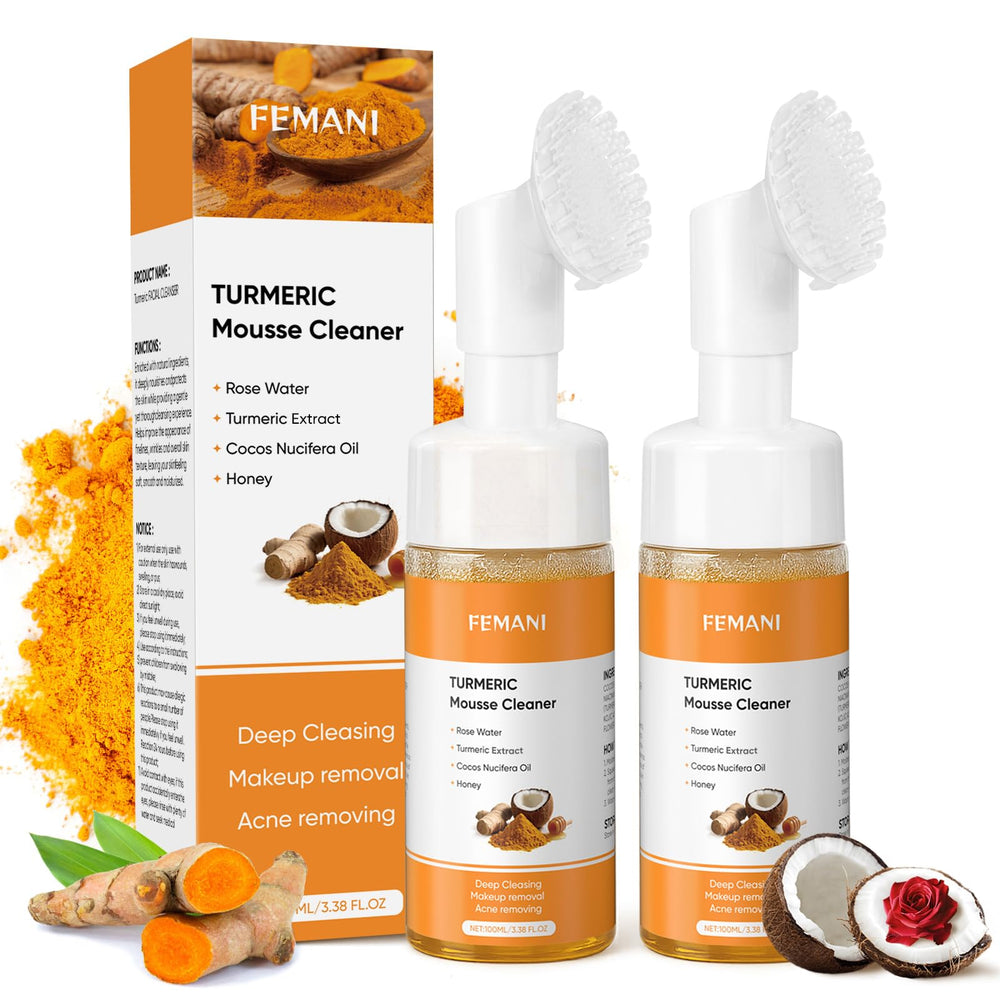 Femani Glow Wash Curcuma con brocha: limpieza facial suave y revitalizante.