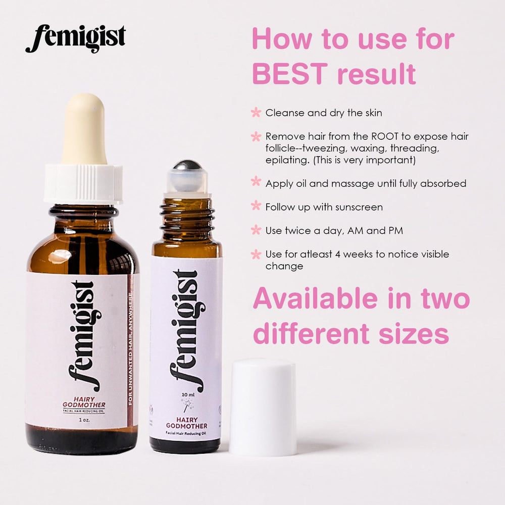Reducción visual del vello facial con Femigist Hairy Godmother Oil