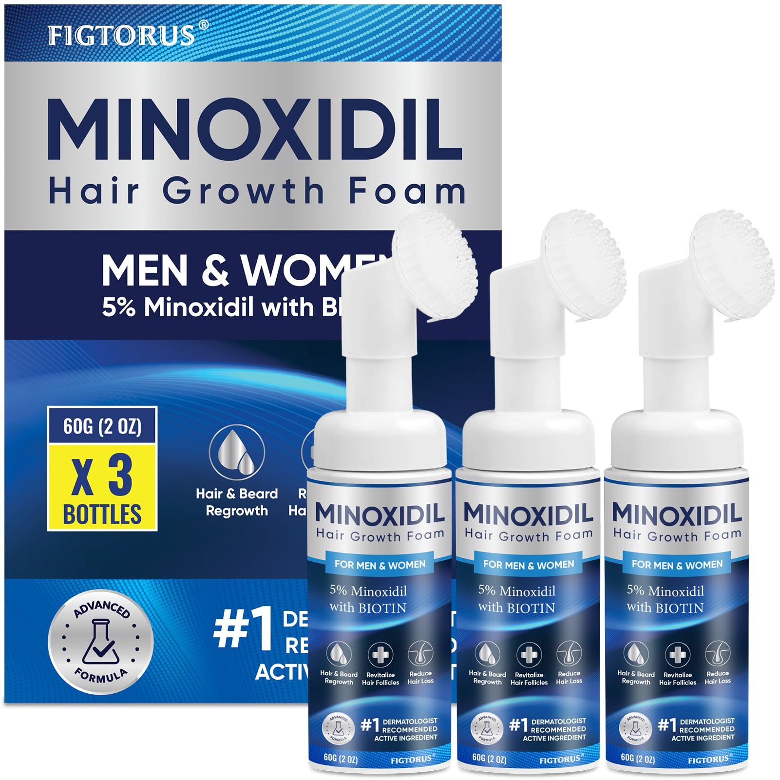 Figtorus Minoxidil Espuma en bote de 6 onzas, envase práctico para uso diario.
