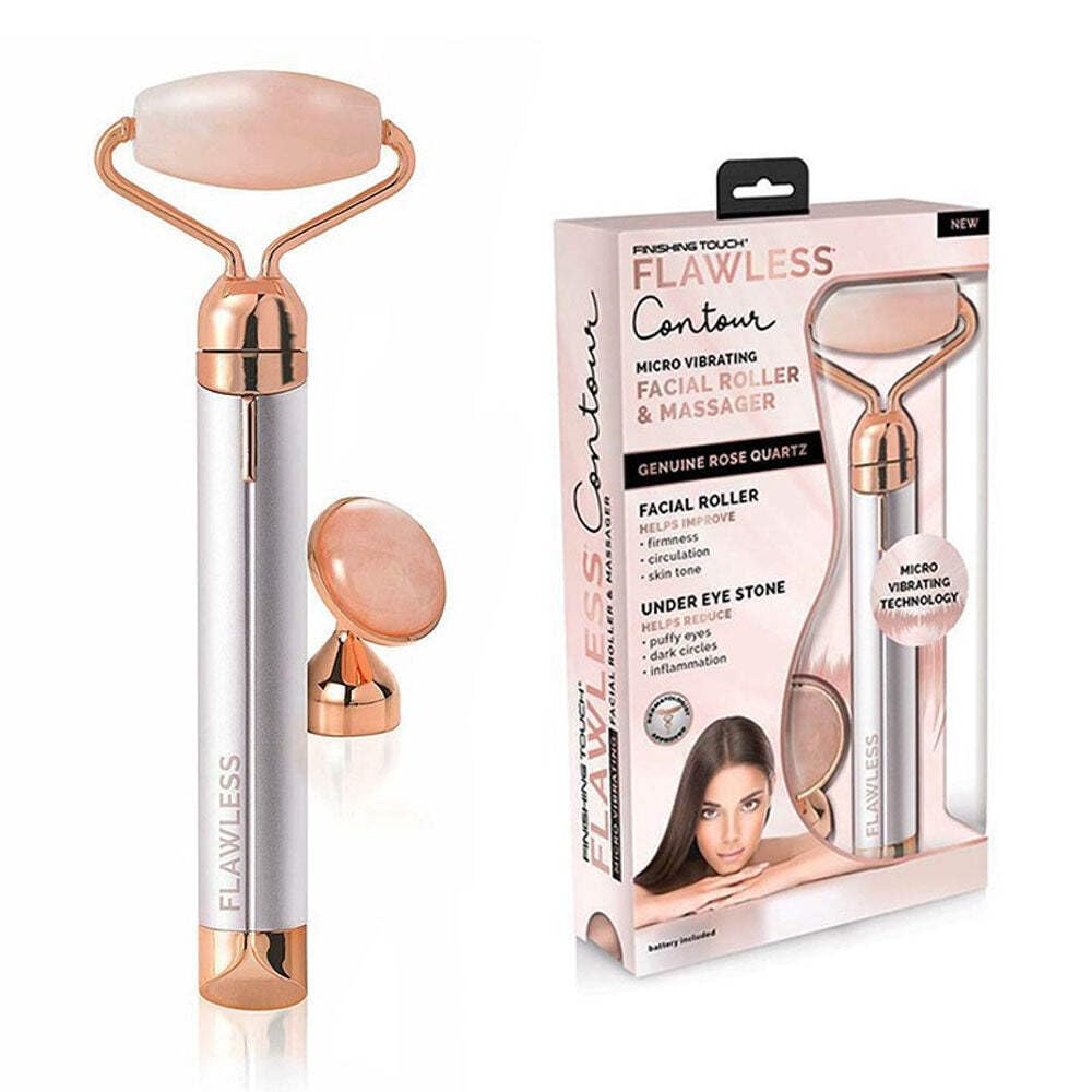 Finishing Touch Flawless Contour rodillo facial de cuarzo rosa para estimular la circulación.