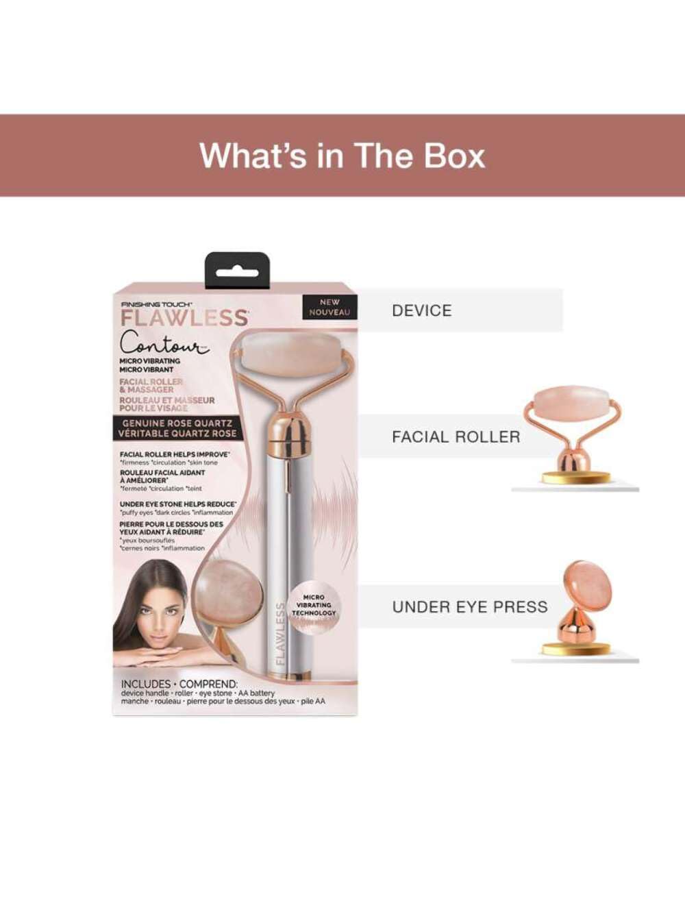 Tecnología vibratoria controlada de Finishing Touch Flawless Contour para cuidado diario.