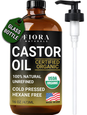 Fiora Naturals Aceite de Ricino en frasco de vidrio oscuro para máxima pureza.