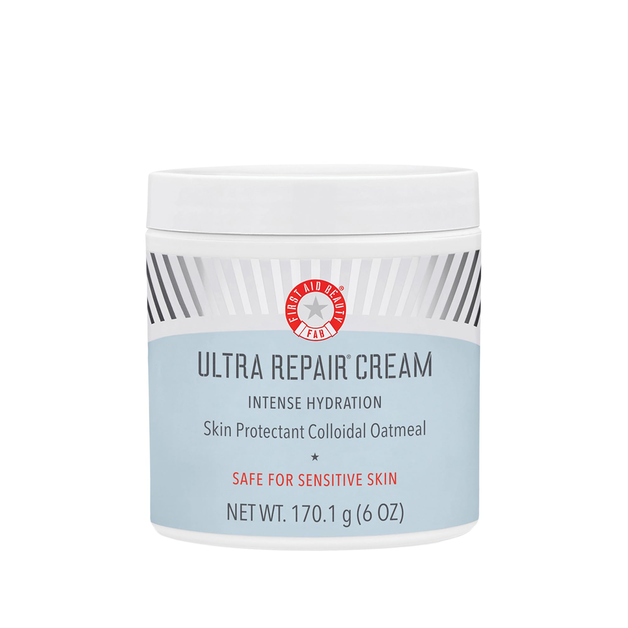 First Aid Beauty Crema Ultra Repair en envase y tapa, hidratación prolongada.