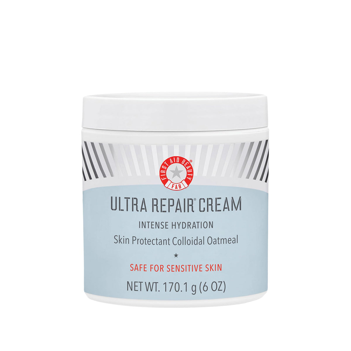 First Aid Beauty Crema Ultra Repair en envase y tapa, hidratación prolongada.