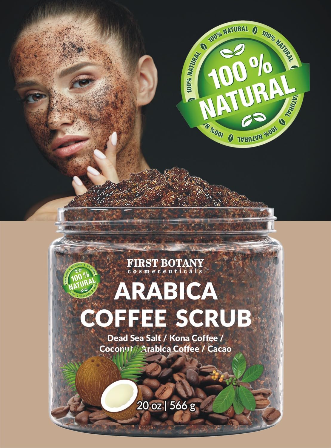 First Botany Cosmeceuticals botella de exfoliante con café para uso diario.