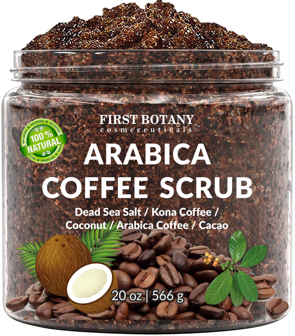 First Botany Cosmeceuticals exfoliante de café orgánico en frasco para exfoliación suave.