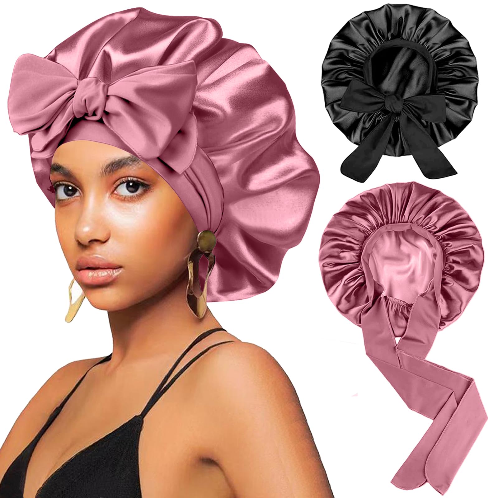 FIRSTPELLA bonete de seda para dormir, negro con rose dorado, protege el cabello.