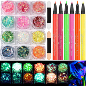 Flasoo glitter gel para cuerpo con colores brillantes que brillan bajo la luz UV, ideal para fiestas.