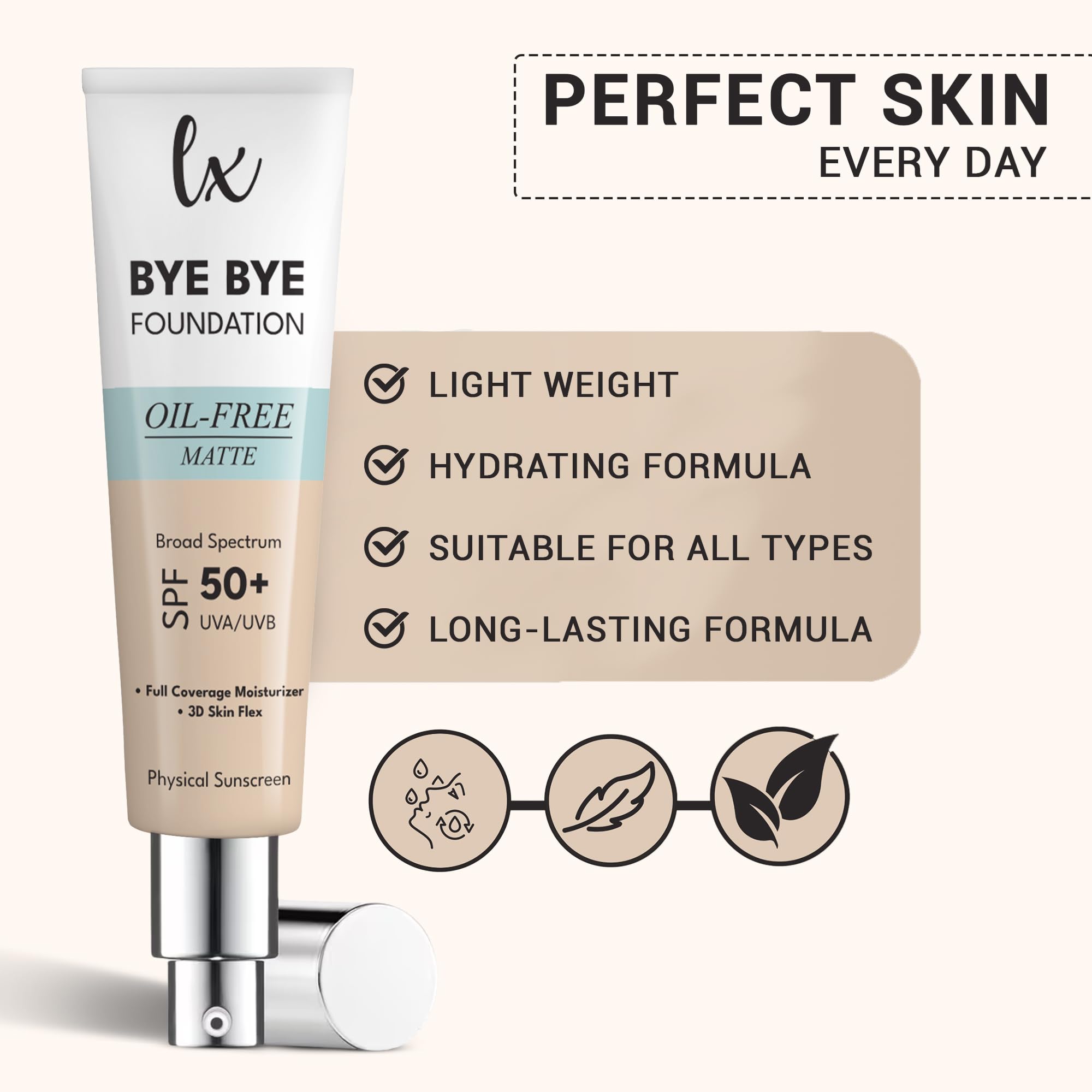 Bye Bye Foundation con ácido hialurónico y camomila para cuidado de la piel.
