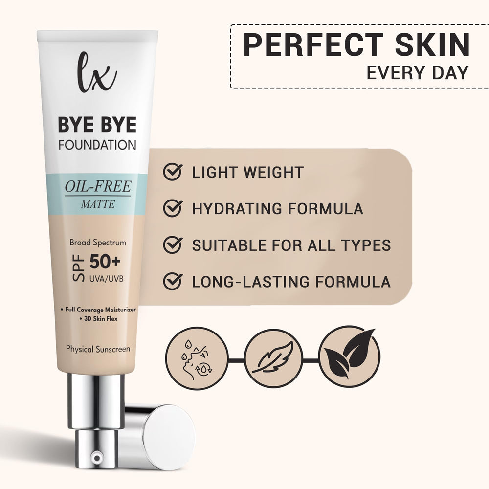 Bye Bye Foundation con ácido hialurónico y camomila para cuidado de la piel.
