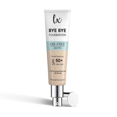 Flawless Radiance LX Blend Bye Bye Foundation con bomba, cobertura total y acabado mate.