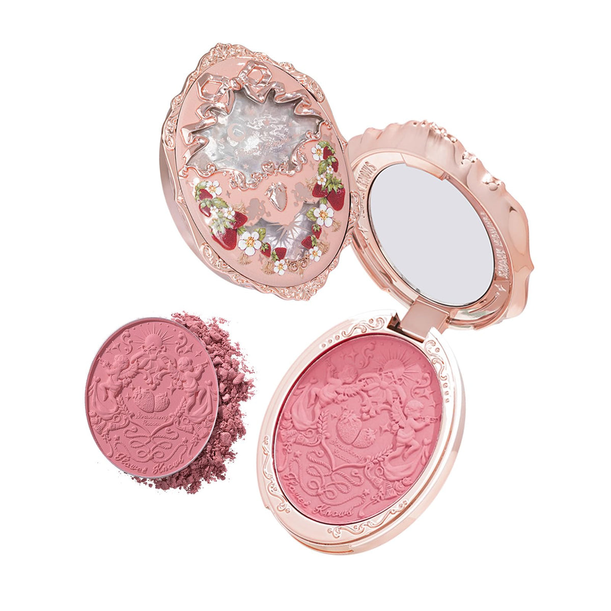 Flower Knows blush con grabado fresa-rococo, diseño elegante para regalo decorativo.
