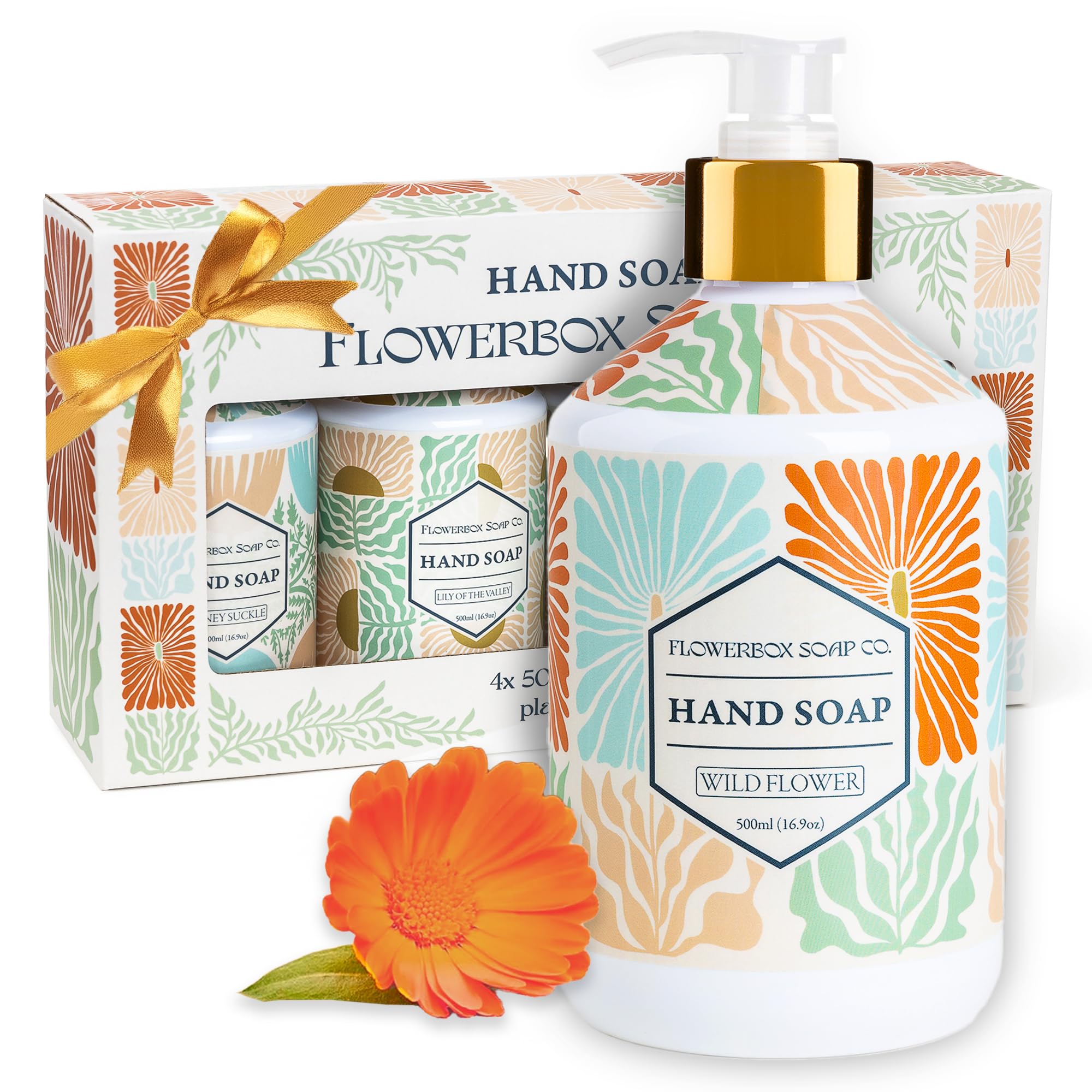 FlowerBox jabon liquido manos, frontal de botella con flor silvestre y fragancia duradera.