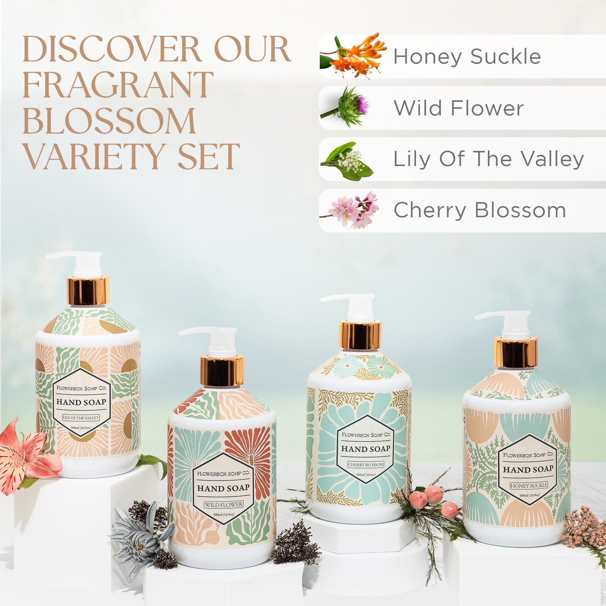 FlowerBox jabón manos, botella con diseño mosaico floral para el lavabo.