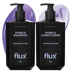 FLUX UP shampoo para cabello rubio, botella visible, neutraliza tonos amarillos.