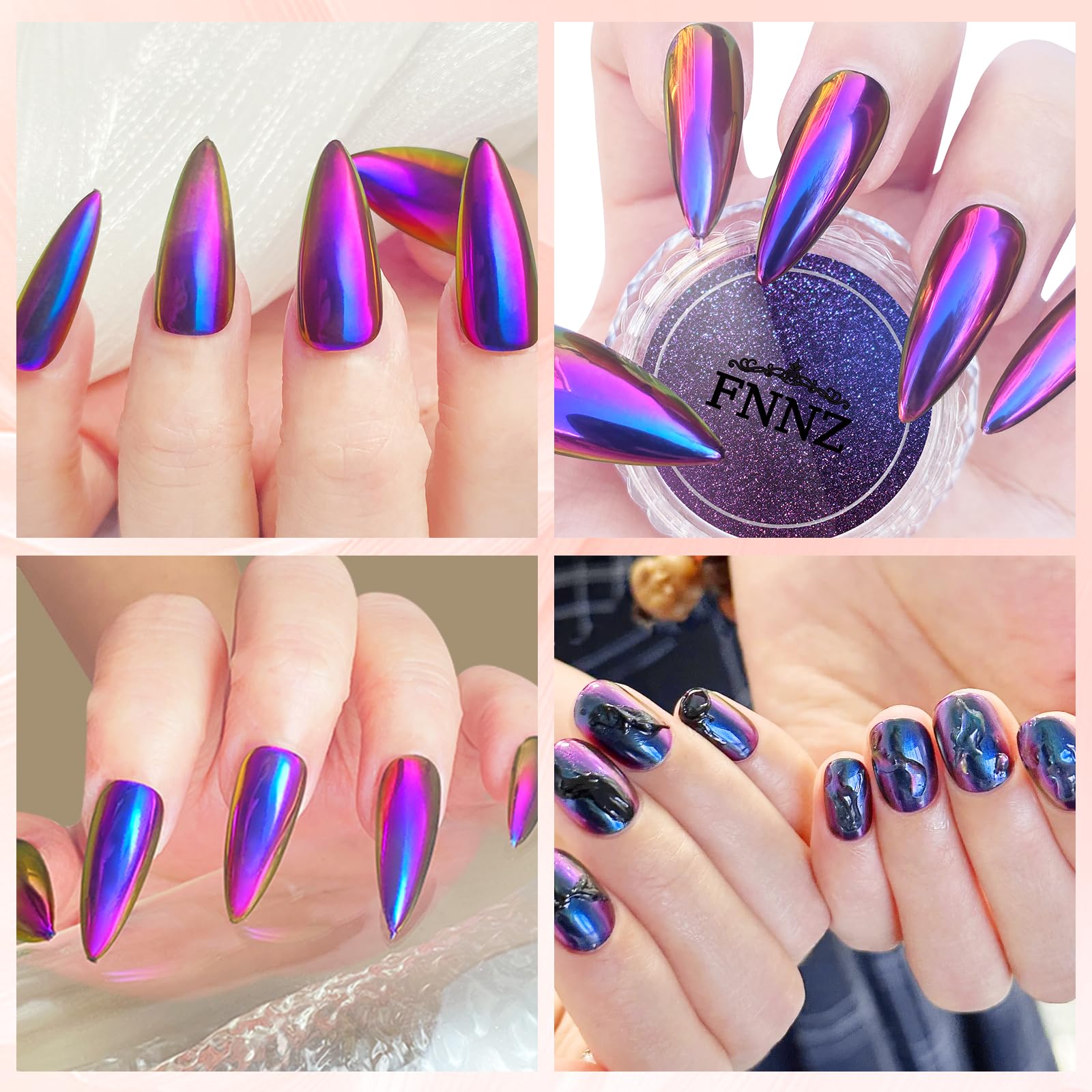Polvo camaleón para uñas de FNNZ, ideal para arte de uñas llamativo.