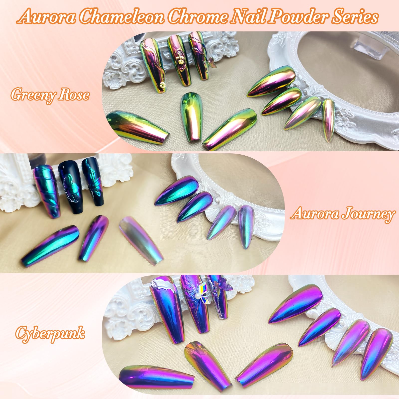 Efecto multicolor con FNNZ, polvo camaleón para estilo único de uñas.