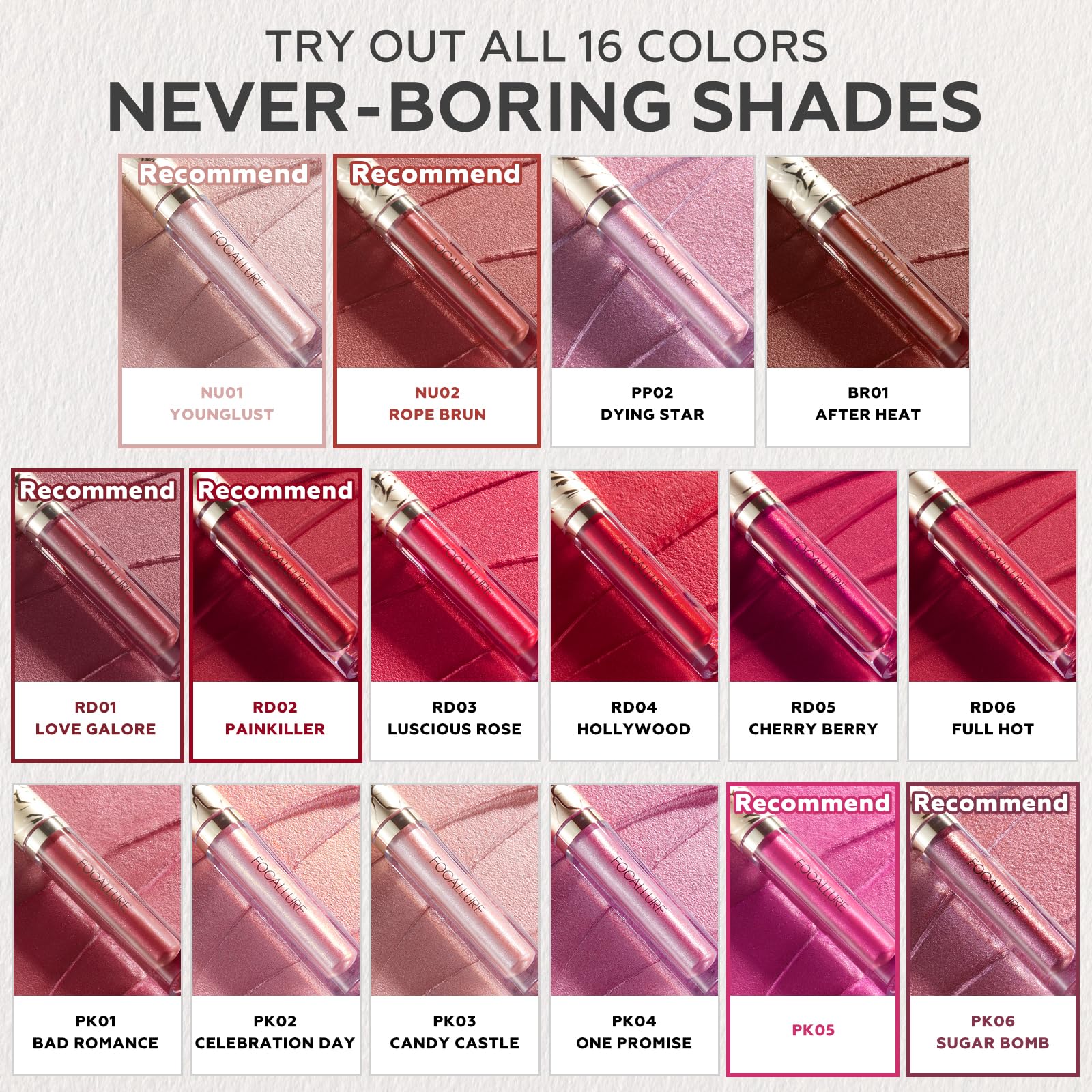 FOCALLURE Barra labios metalica, experiencia suave y brillo duradero para todo el dia.