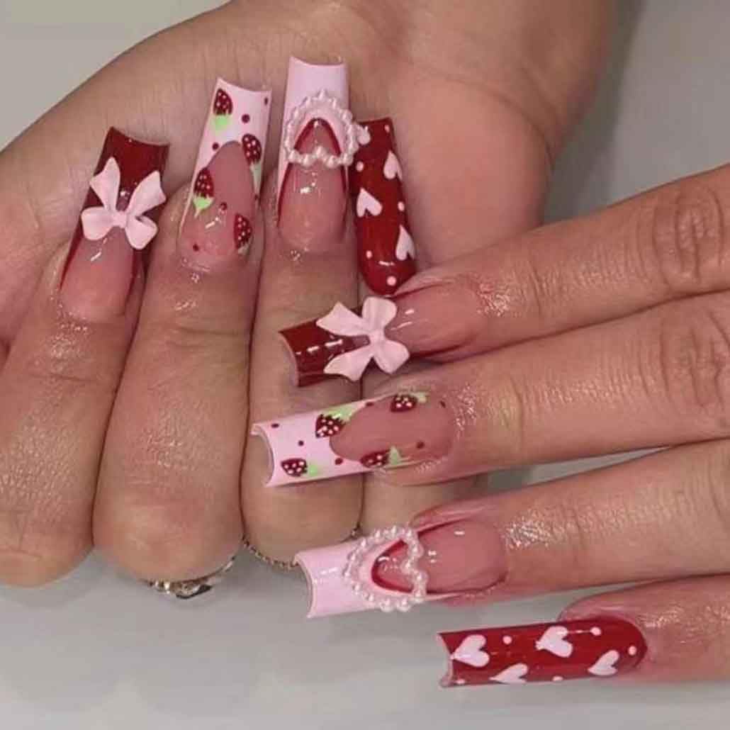 Uñas postizas largas Foccna en rosa con cristales para un look deslumbrante