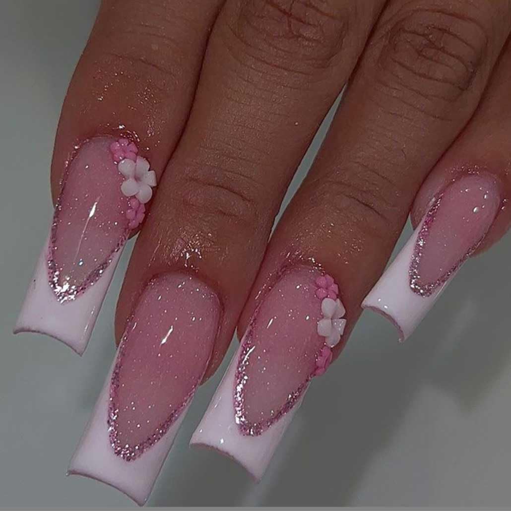 Uñas postizas Foccna largas rosas con strass, estilo cuadrado, ideales para eventos.