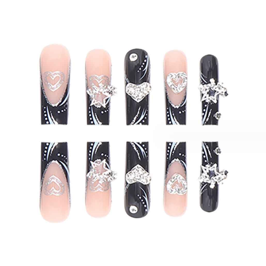Uñas Foccna negras largas, diseño cuadrado y acabado brillante para looks sofisticados.