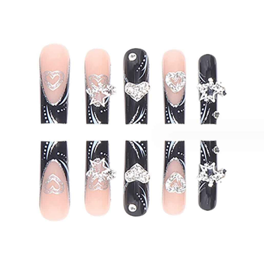 Uñas Foccna negras largas, diseño cuadrado y acabado brillante para looks sofisticados.